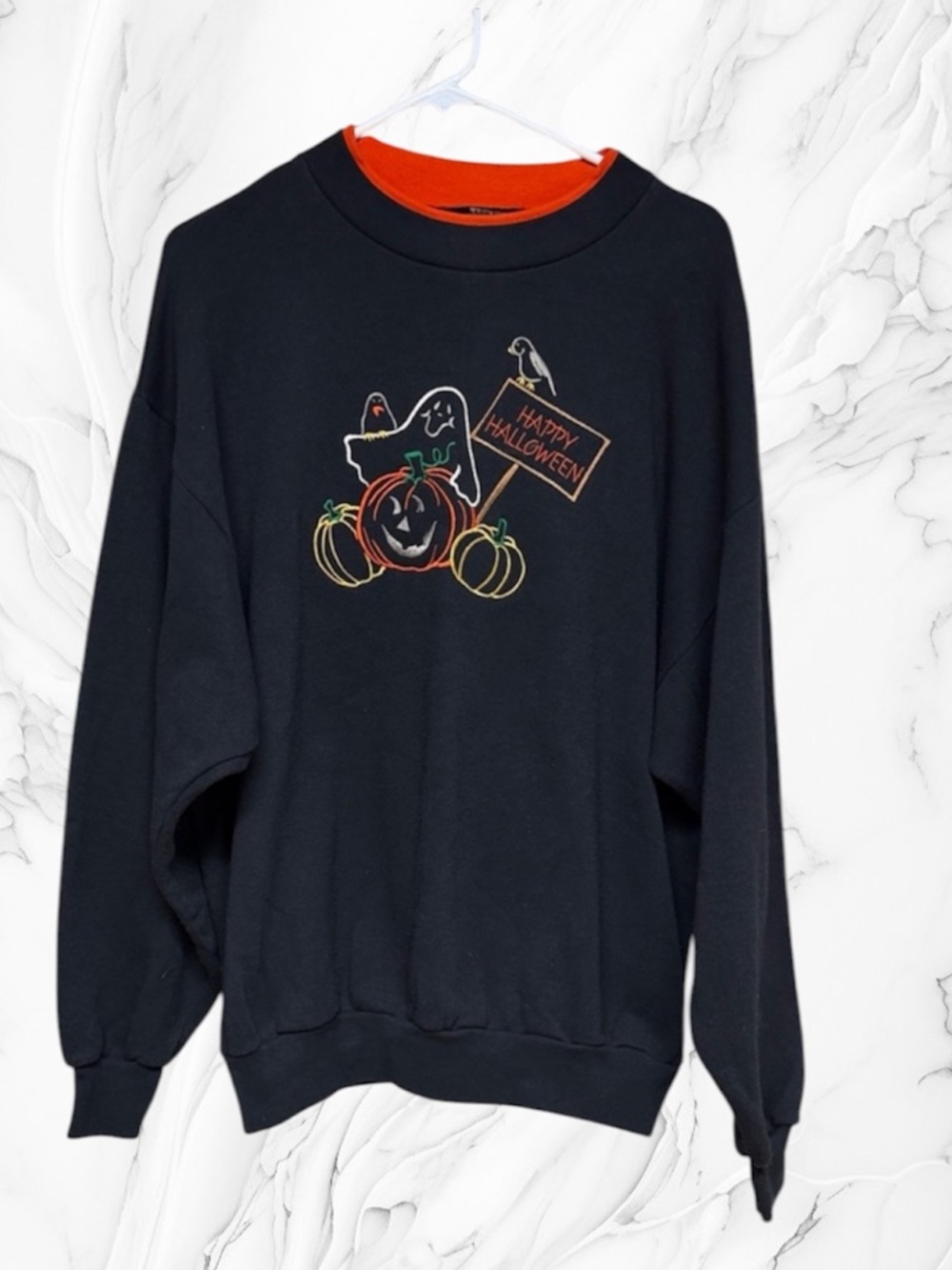 Desert Heat vintage Black Halloween Graphic Sweater ghost pumpkins embroidery